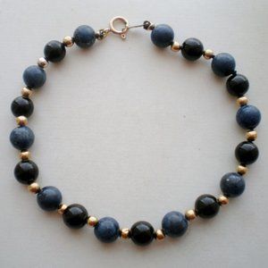 Beautiful Vintage 14K Gold Lapis Lazuli Black Onyx Beads Beaded BRACELET 14kt 7"